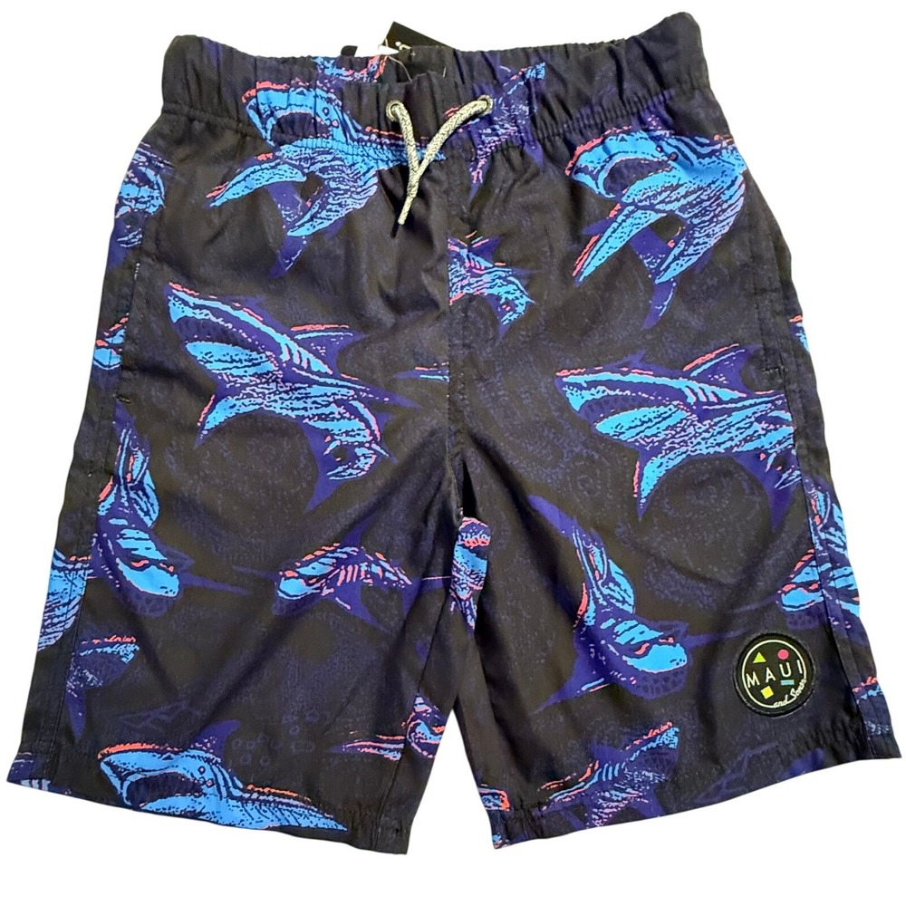 Maui and Sons Pool Shorts Boys 10/12 Black Shark Print Swim Trunks Mesh Lined‎